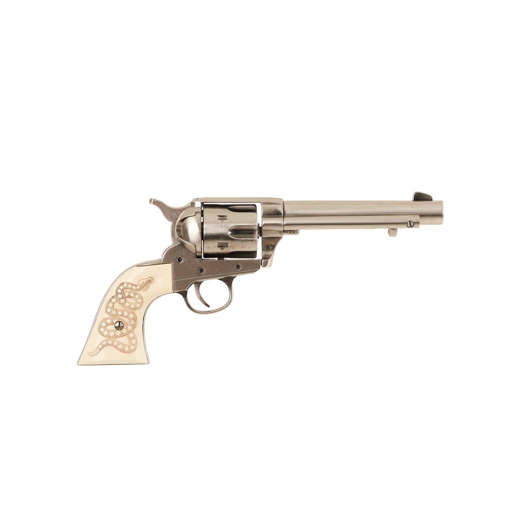 Right side view of nickel 1873 Peacemaker Single Action Revolver with snake carved into faux ivory grips.  
