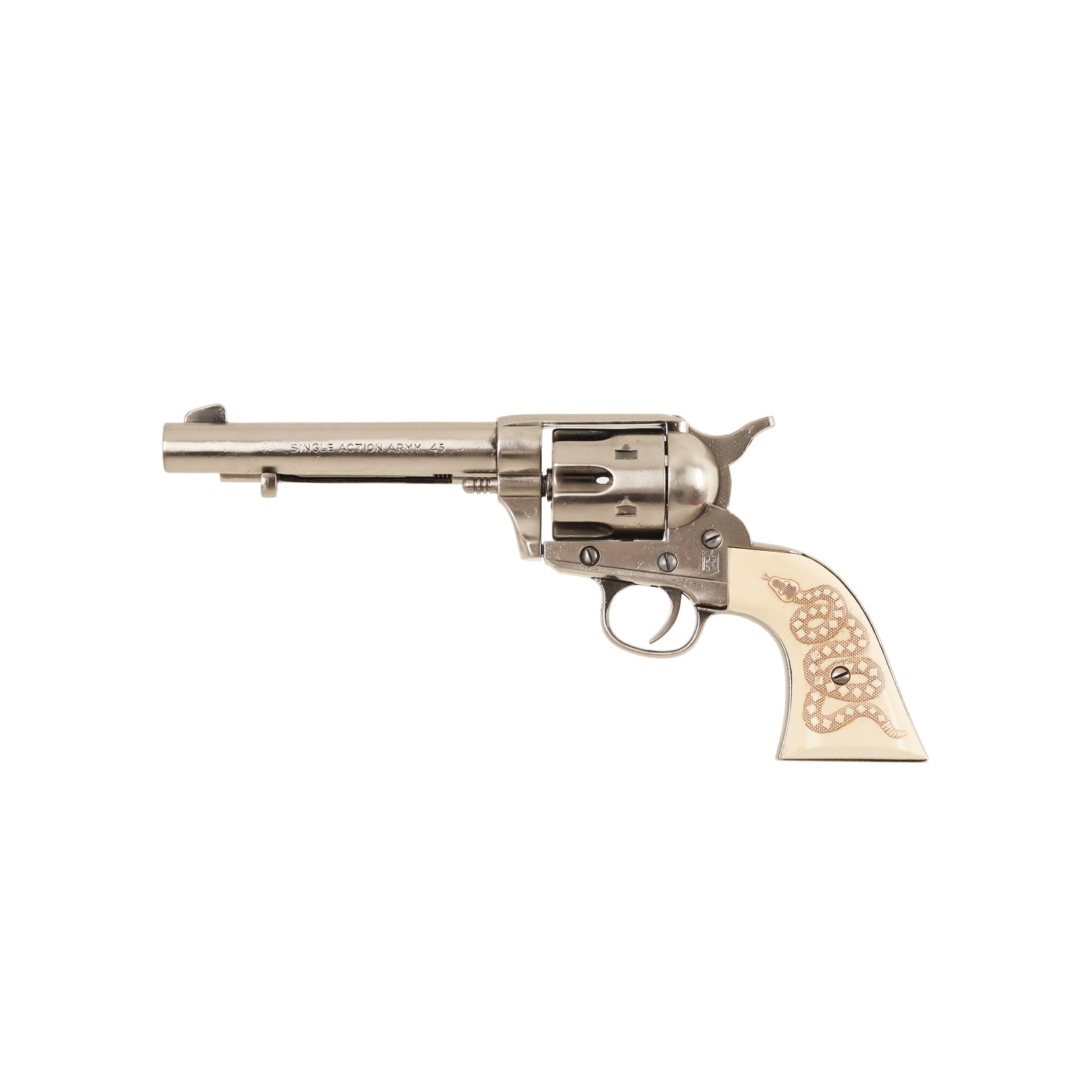 Left side view of nickel 1873 Peacemaker Single Action Revolver with snake carved into faux ivory grips.