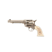 Load image into Gallery viewer, Left side view of nickel 1873 Peacemaker Single Action Revolver with snake carved into faux ivory grips. 
