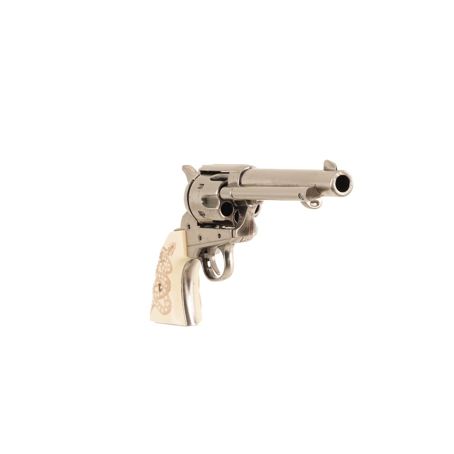 Front view of nickel 1873 Peacemaker Single Action Revolver with snake carved into faux ivory grips.