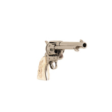 Load image into Gallery viewer, Front view of nickel 1873 Peacemaker Single Action Revolver with snake carved into faux ivory grips. 
