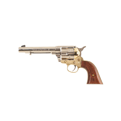 Left side view of polished nickel Non-Firing 1873 Peacemaker single action Revovler with brass trigger guard and wood grip.