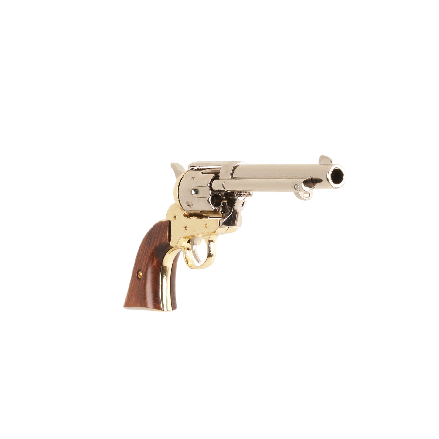 Front view of polished nickel Non-Firing 1873 Peacemaker single action Revovler with brass trigger guard and wood grip.