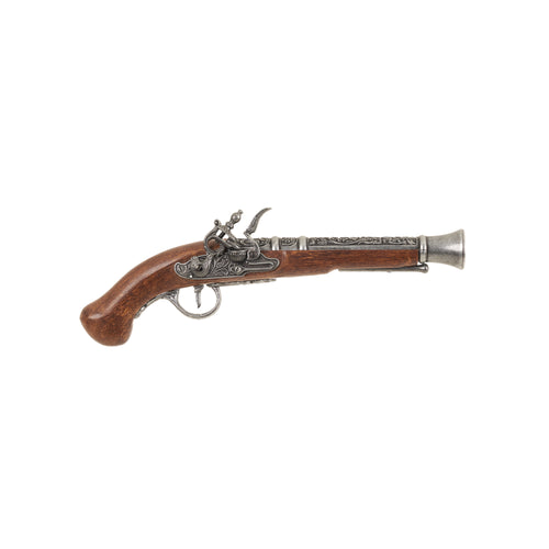 Right side view of the Replica 18th Century Pirate Flintlock Pistol with intricately carved metal mechanisms, barrel, and carved faux wood grip.
