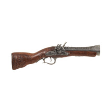 Load image into Gallery viewer, Right side view of replica 18th Century Blunderbuss with carved wood handle and decorative trigger guard, trigger, hammer, frizzen, and barrel. 
