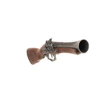 Load image into Gallery viewer, Front view of replica 18th Century Blunderbuss with carved wood handle and decorative trigger guard, trigger, hammer, frizzen, and barrel. 
