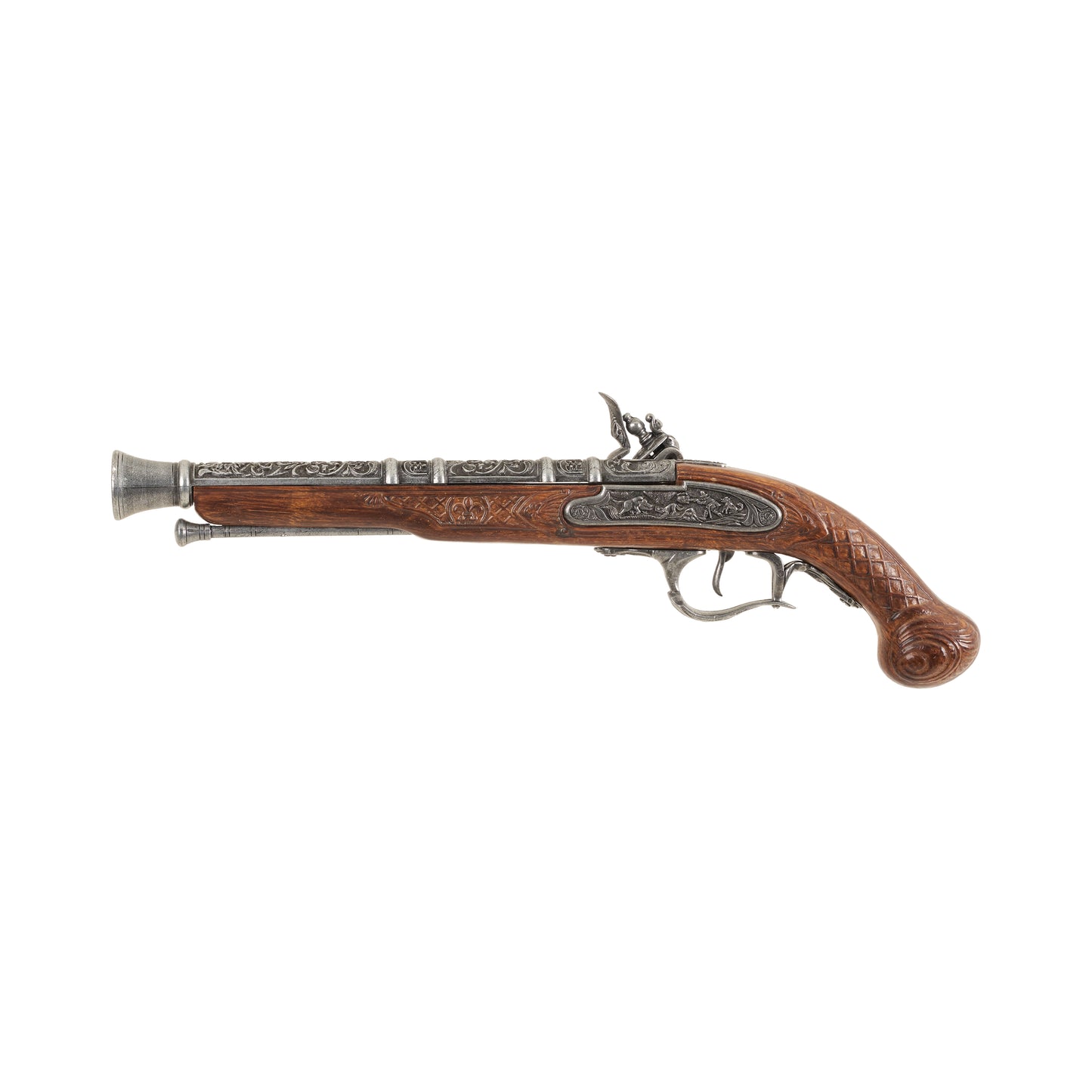 Left side view of the Replica 18th Century Arquebus Flintlock Pistol with intricately carved metal mechanisms, barrel, and carved faux wood grip.