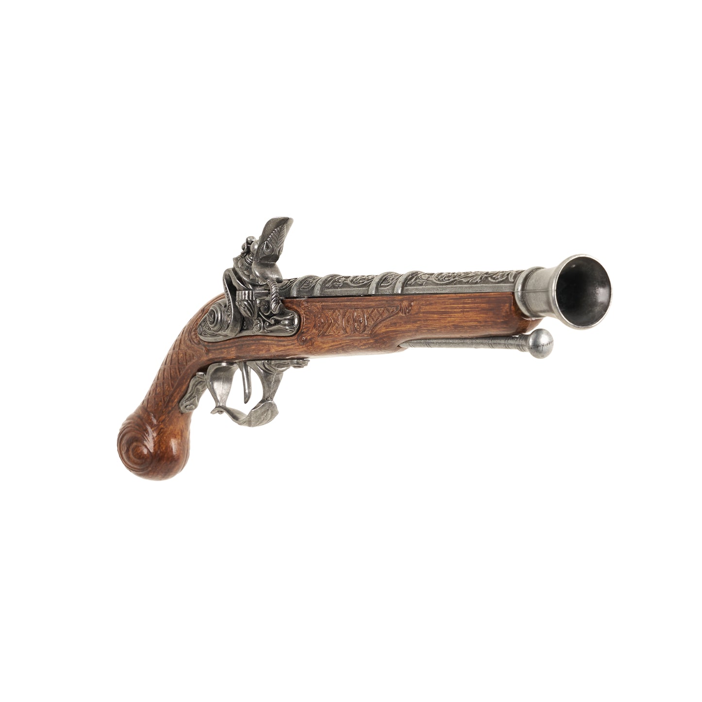 Front view of the Replica 18th Century Arquebus Flintlock Pistol with intricately carved metal mechanisms, barrel, and carved faux wood grip.