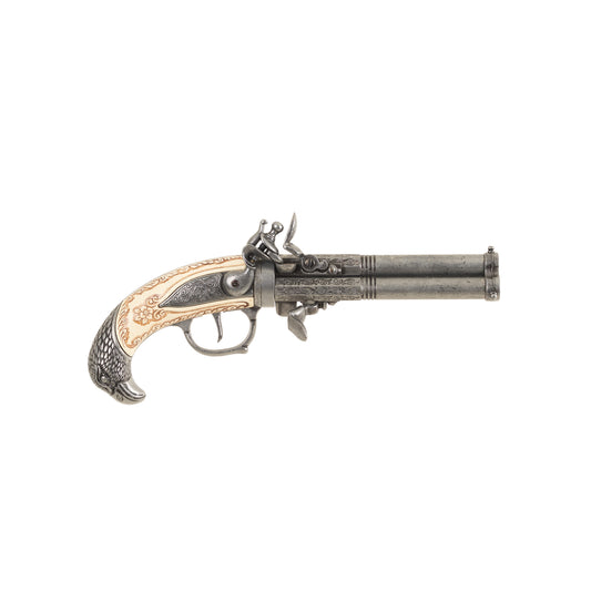 Right side  of Replica 1775 Triple-Barrel Flintlock Pistol with carved faux ivory grip that ends in a pewter carved eagle's head. Decorative trigger guard, hammer, frizzen and barrels. 