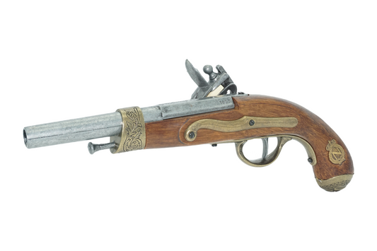 Napolean flintlock left side with brass accents and antique metal barrel.