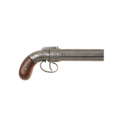 Right side view of  Non-Firing Replica 1837 Pepperbox Revolver with scrollwork adorning the metal and a wooden grip.