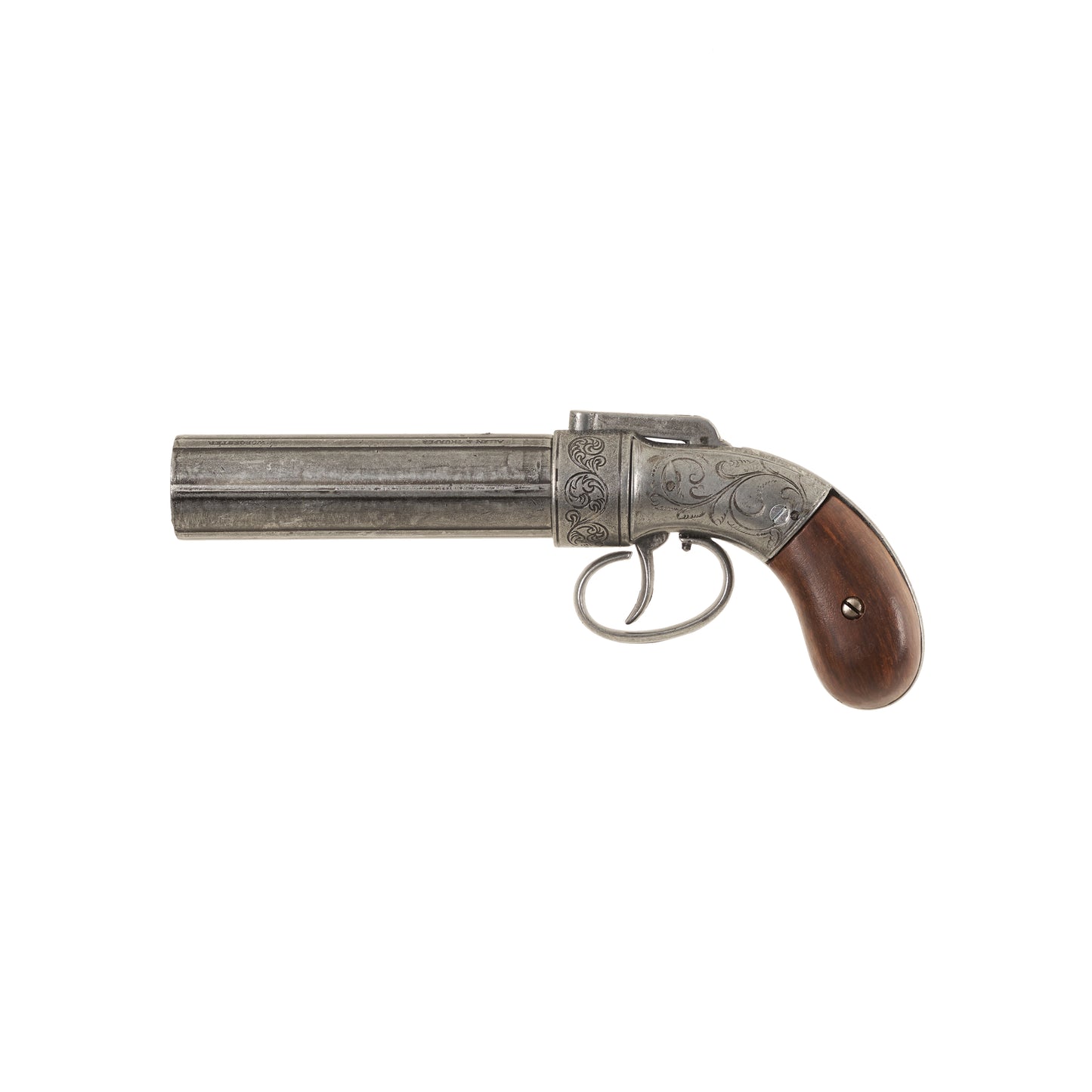 Left side view of Non-Firing Replica 1837 Pepperbox Revolver with scrollwork adorning the metal and a wooden grip.