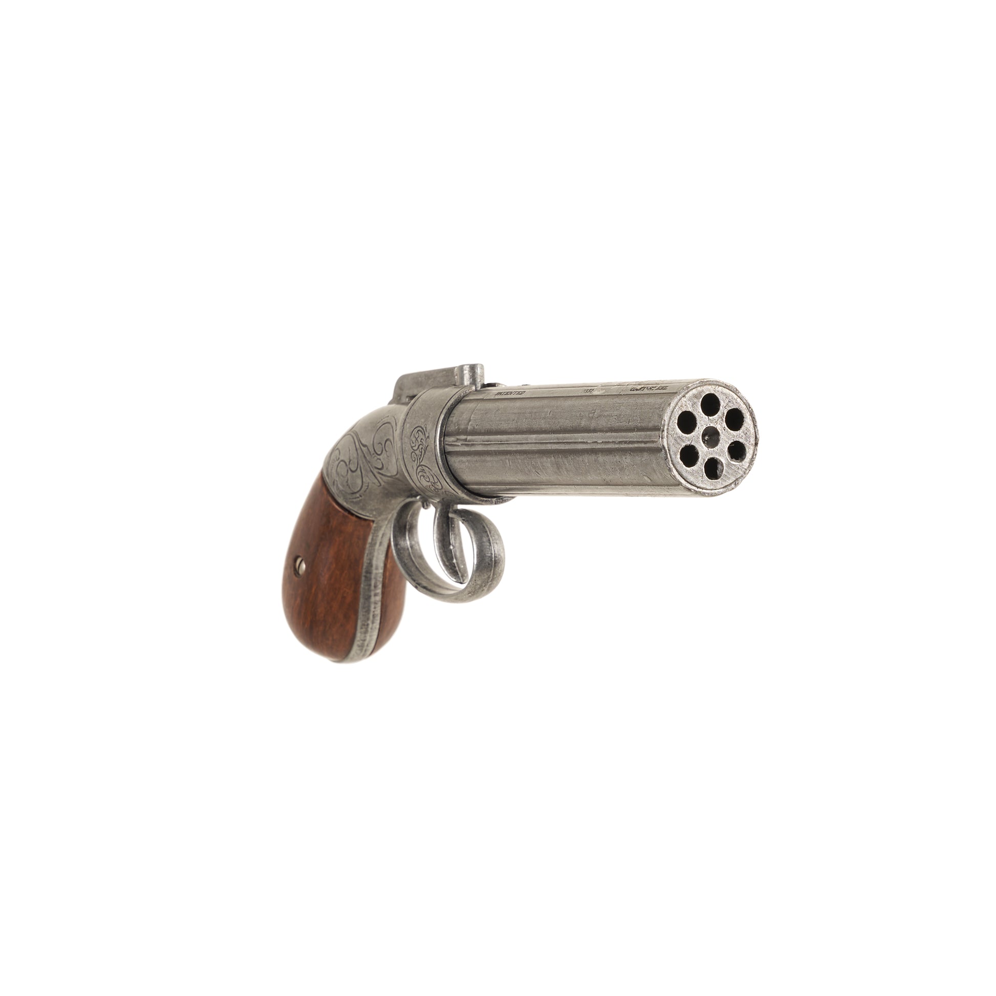 Front view of Non-Firing Replica 1837 Pepperbox Revolver with scrollwork adorning the metal, wooden grip, and a good view of the six shot rotating barrel. 
