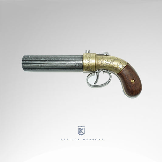 Pepperbox revolver left side view with pewter color barrel, brass center and faux wood handle.