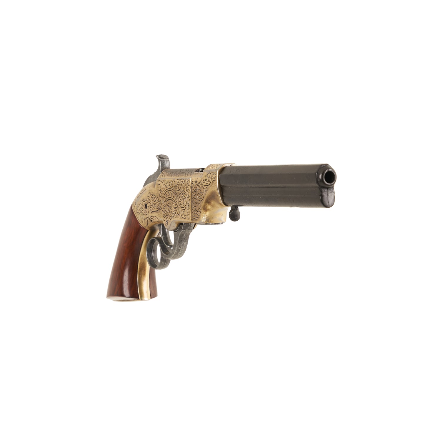 Front view of Brass Non-Firing Replica 1854 Volcanic Revolver with wood grip and black barrel.