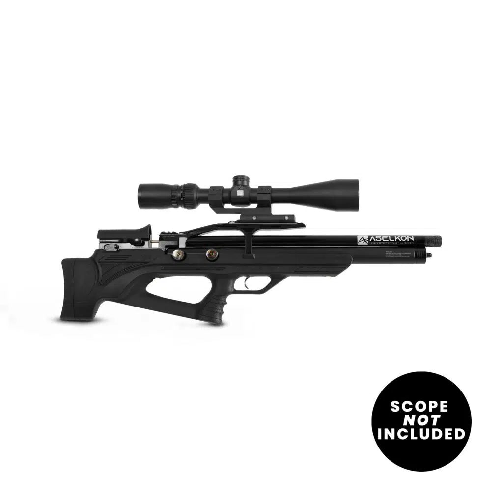 Right side view of a black Aselkon MX10 .22 Caliber PCP Air rifle with Synthetic Stock