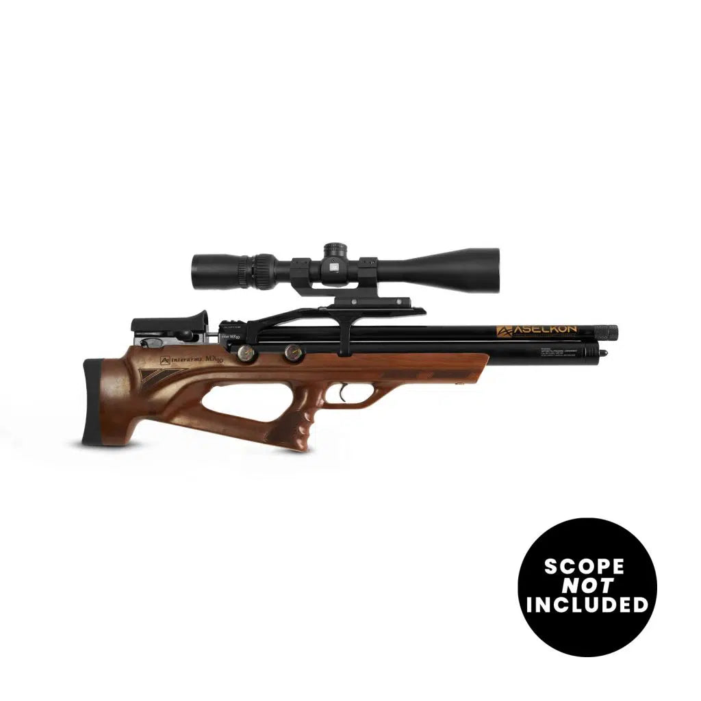 Right side view of a wooden Aselkon MX10 .25 Caliber PCP Air rifle with Turkish Walnut Stock