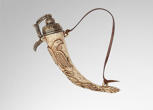 Replica Horn Powder flask made out of metal with eagle and shield on the front.