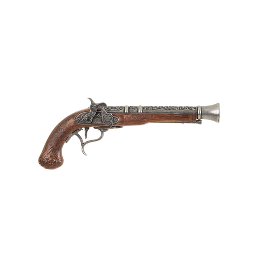 Right side view of the Replica 18th Century  Flintlock Pistol with intricately carved metal mechanisms, barrel, and carved faux wood grip.