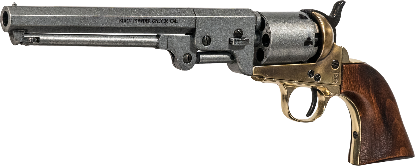 Left hand side of Antiqued Grey and Brass Replica Non-Firing Model 1851 Navy Revolver