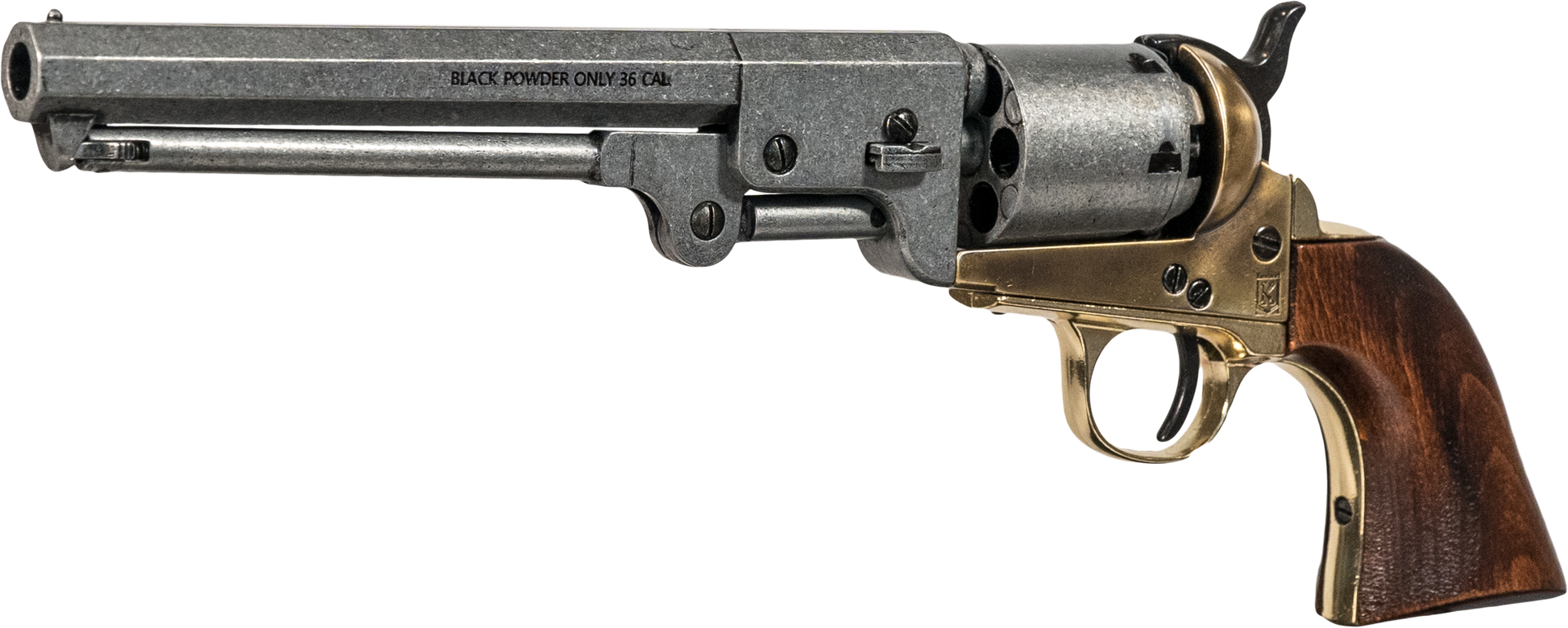 Left hand side of Antiqued Grey and Brass Replica Non-Firing Model 1851 Navy Revolver