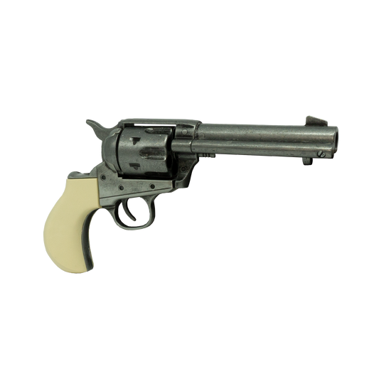 Right hand view of antiqued pewter color Thunderer revolver with a faux Ivory birdshead grip.