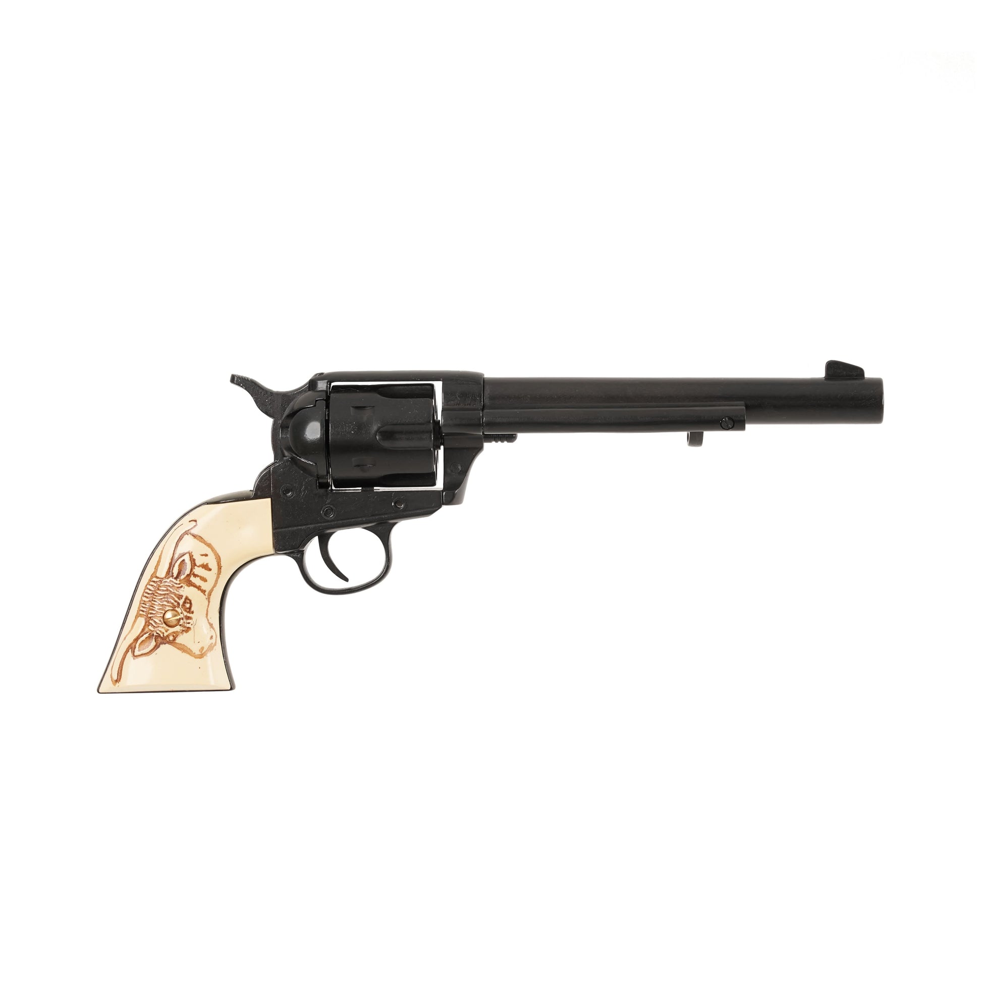 Right view black 1873 .45 Caliber Single Action Revolver with bull carved into faux ivory grips.