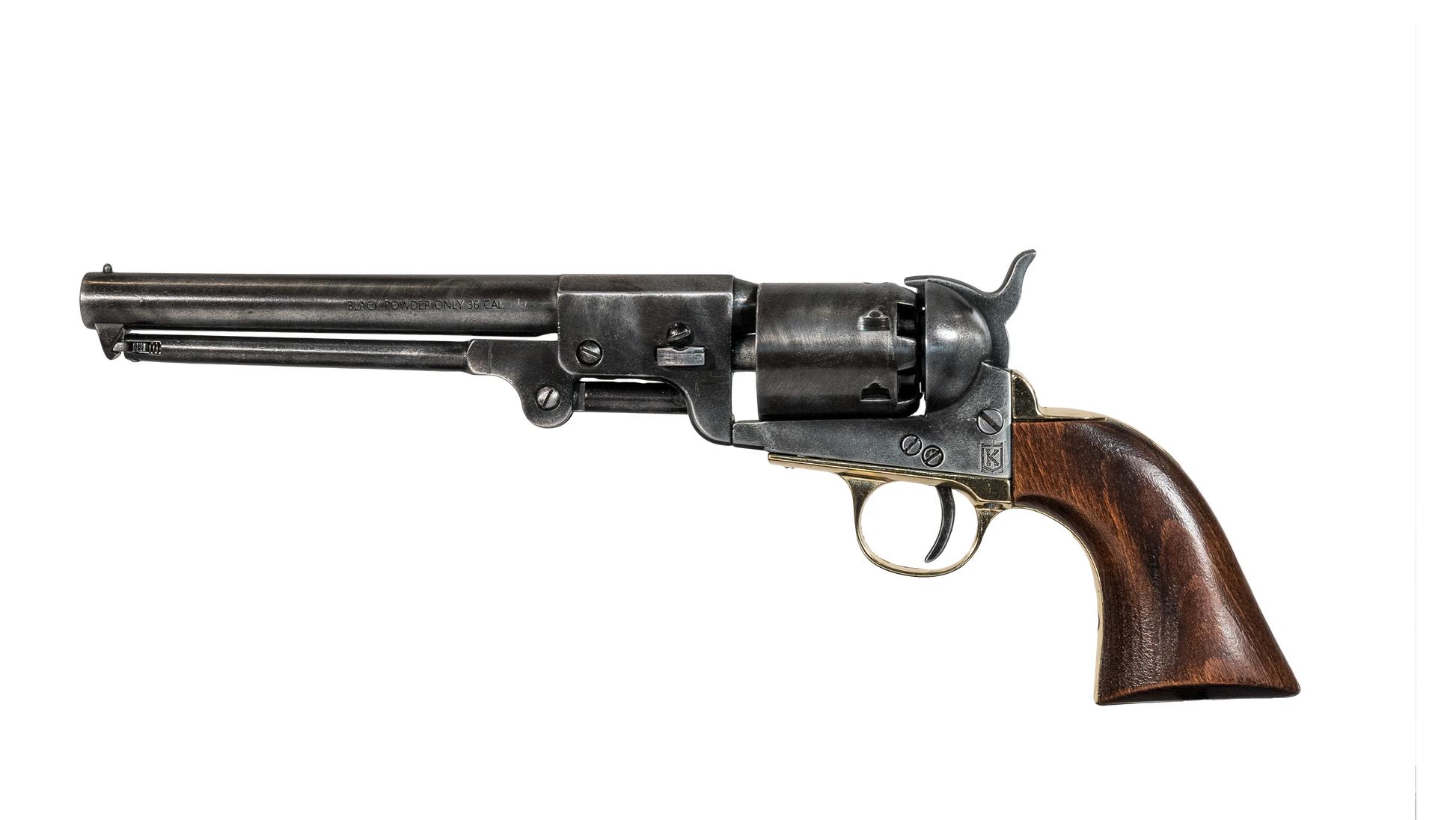 Left hand side of wood handled Black and Brass Replica Non-Firing Model 1862 Confederate Navy Revolver
