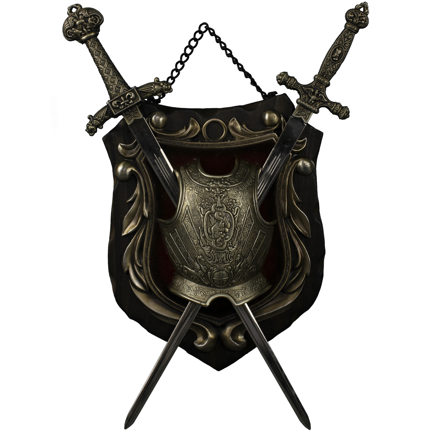 Black wooden shield with crossed swords under an intricately detailed breast plate.
