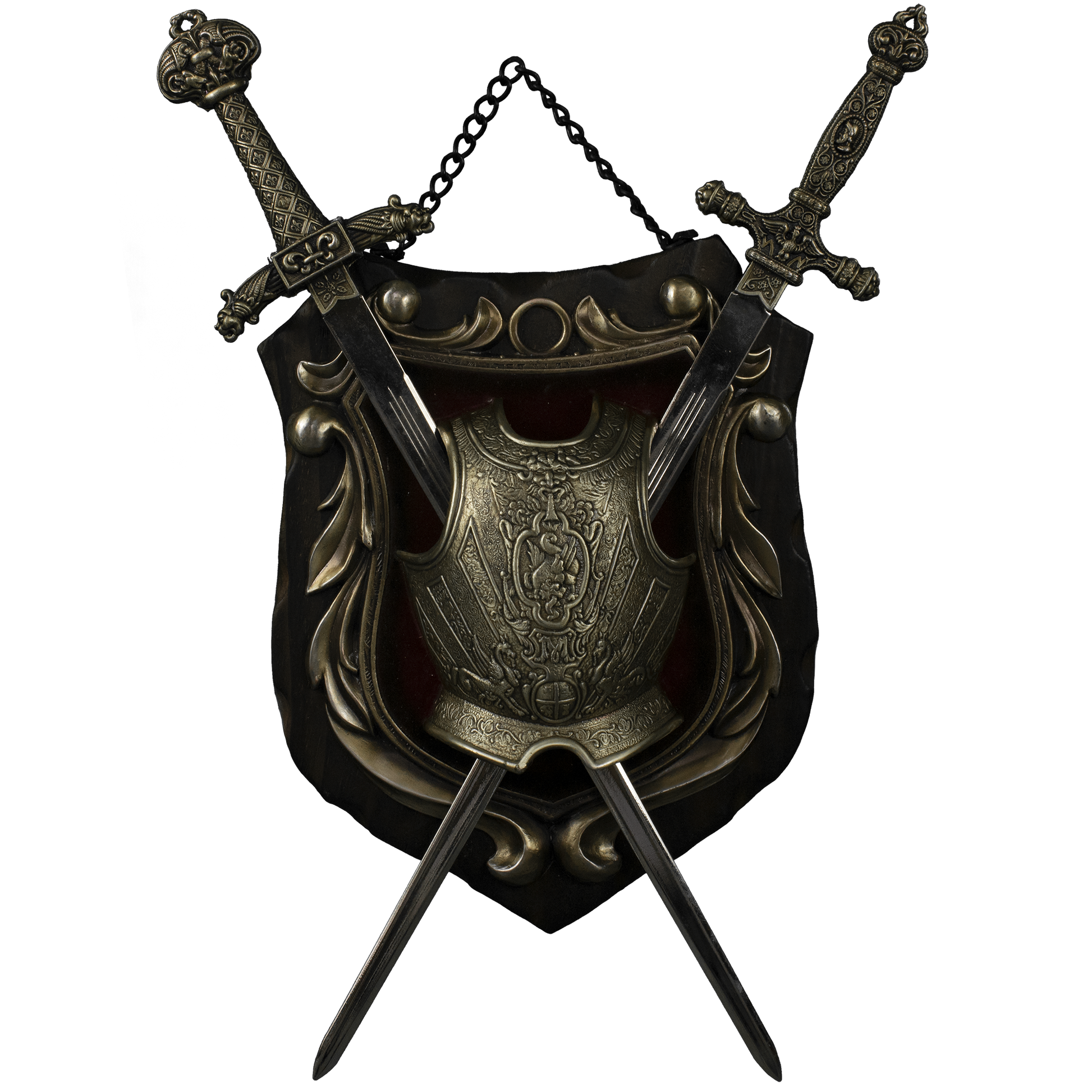Black wooden shield with crossed swords under an intricately detailed breast plate.