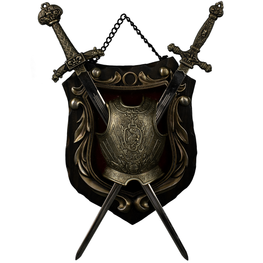 Black wooden shield with crossed swords under an intricately detailed breast plate.