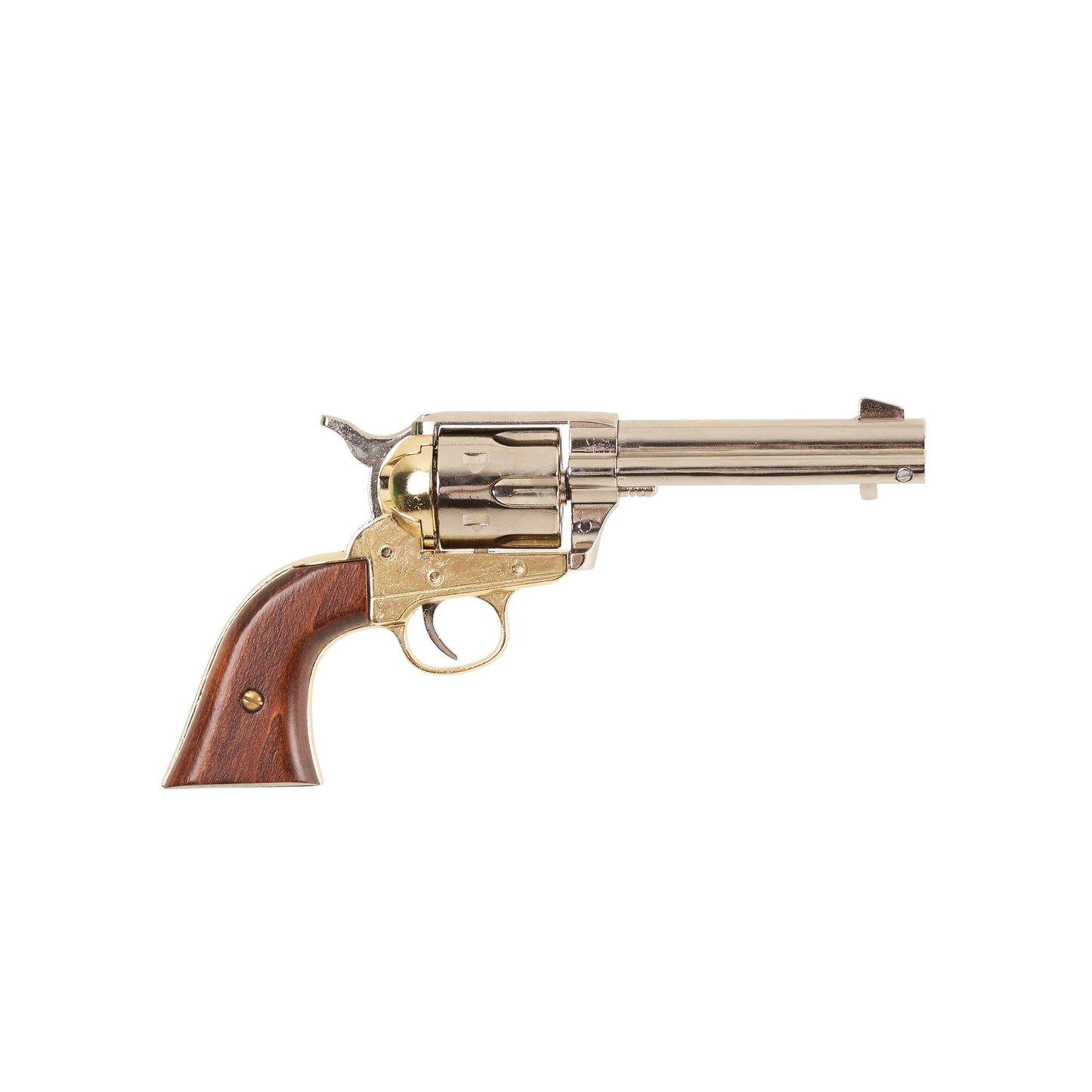 Right side view of polished nickel Non-Firing 1873 Fast Draw Revovler with brass trigger guard and wood grip.