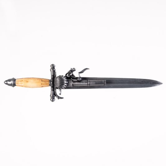 Right view of dagger pistol showing the flintlock side and mechanism.