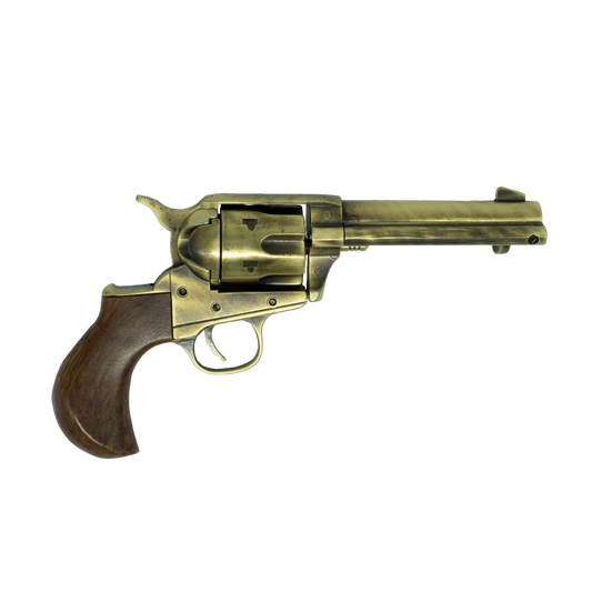 Right hand view of Thunderer in brass with a faux wood birdshead grip.