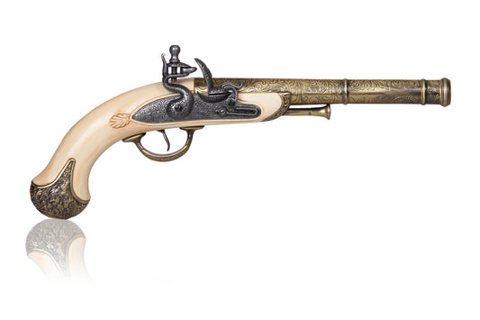 Faux ivory and brass english lucknow pistol with pewter toned flintlock mechanism.