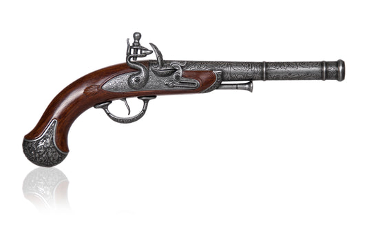 RIght side showing flintlock mechanism and metal butt plate of faux wood percussion pistol