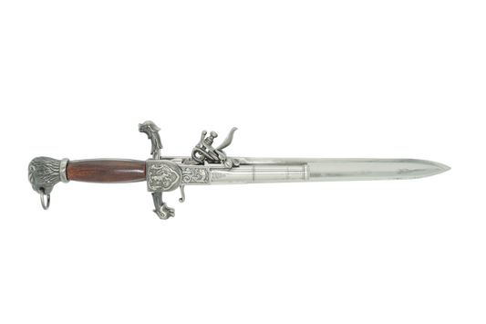 Right hand side of silver dagger pistol showing the flintlock firing mechanism