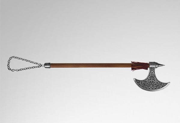 side view of Norse Axe with runes on axe head and wooden handle