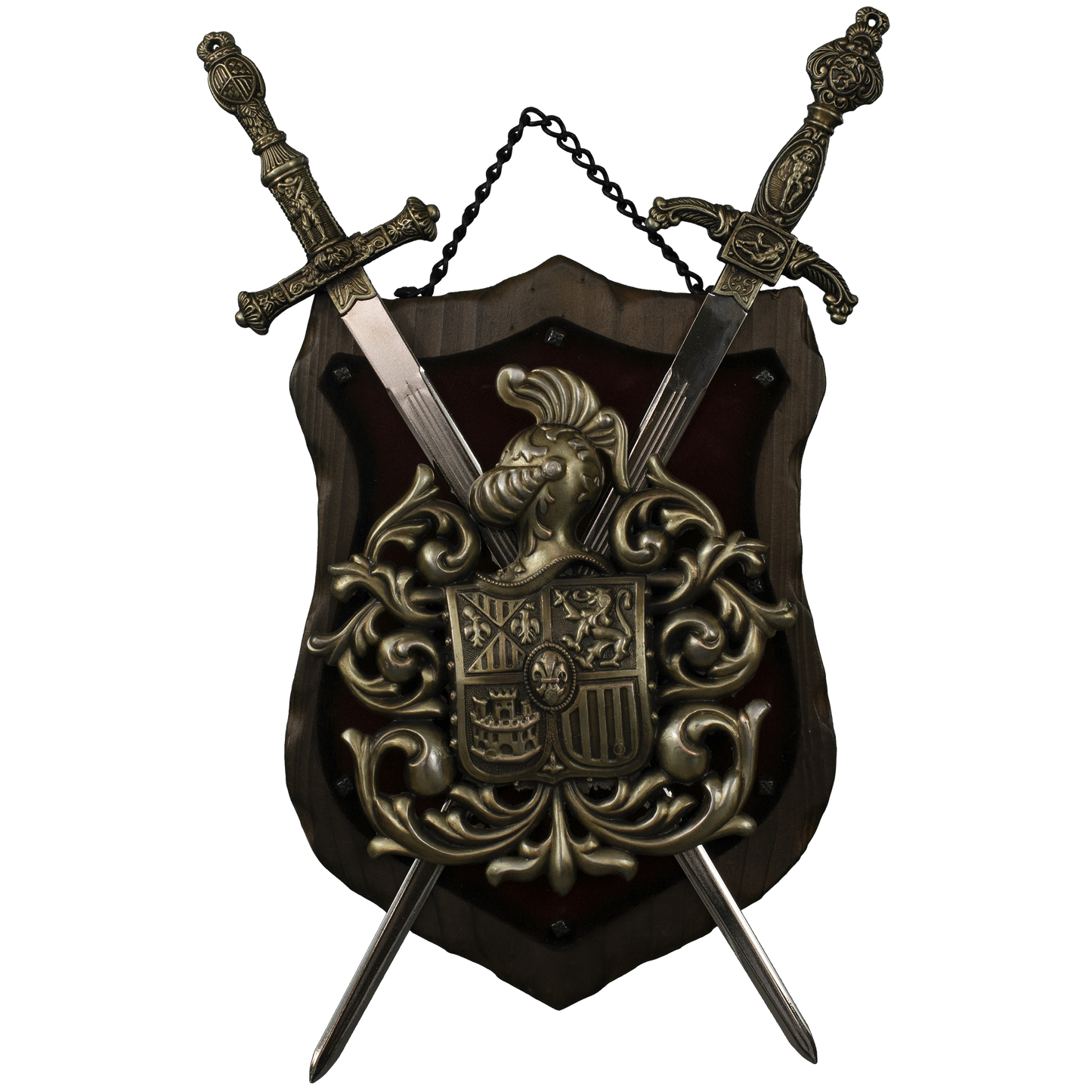 Wooden shield with coat of arrms and side view of knights helment with crossed swords creating a pleasing coat of arms.