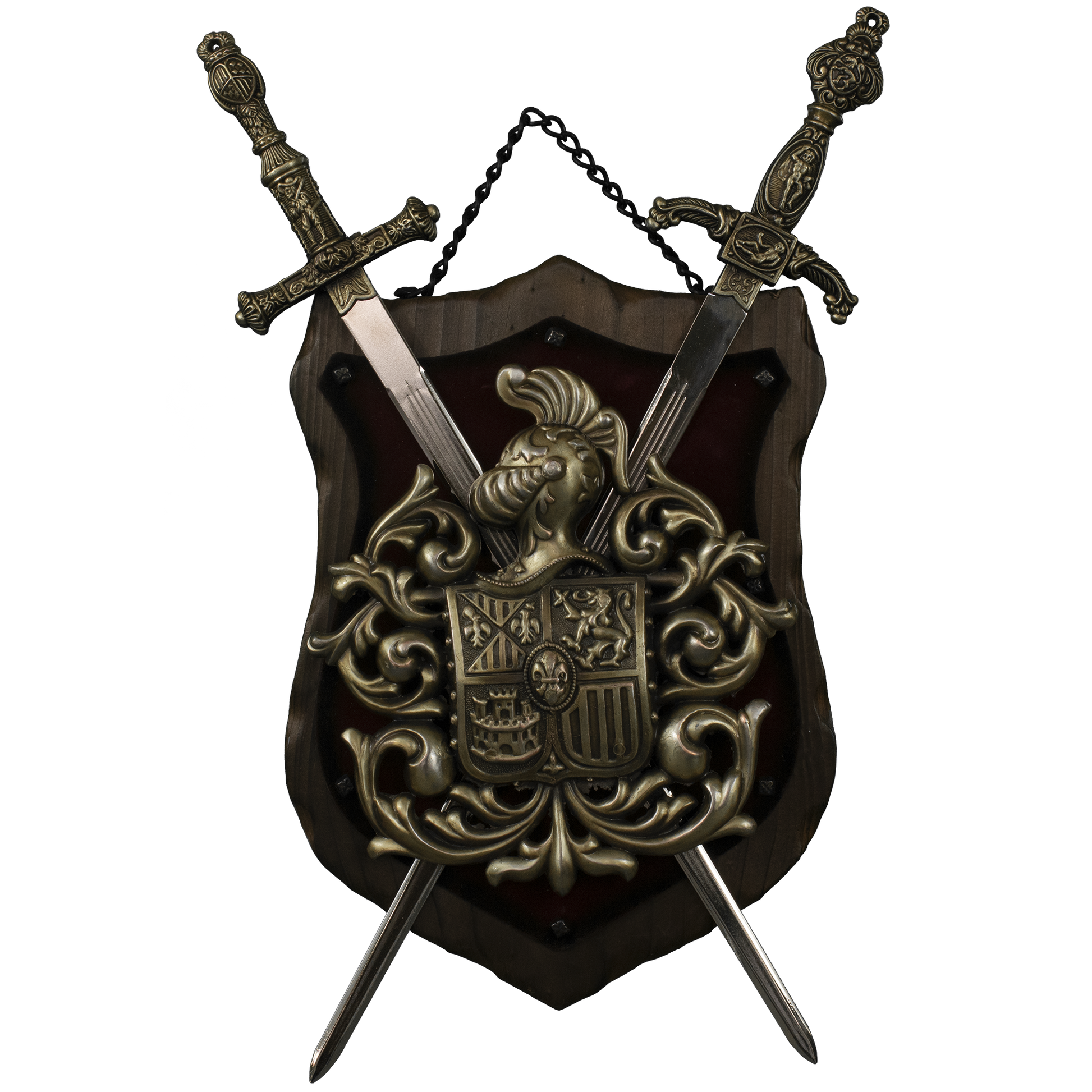 Wooden shield with coat of arrms and side view of knights helment with crossed swords creating a pleasing coat of arms.