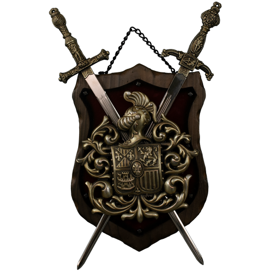 Wooden shield with coat of arrms and side view of knights helment with crossed swords creating a pleasing coat of arms.