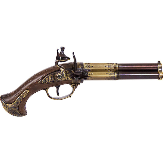 18TH CENTURY 3 BARREL FLINTLOCK PISTOL BRASS FINISH, WOOD GRIP 