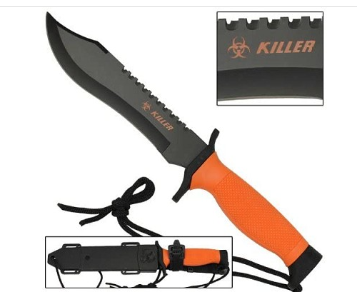Orange Survival Bowie Fixed Blade Knife outside of its sheath