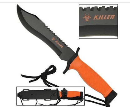 Orange Survival Bowie Fixed Blade Knife outside of its sheath