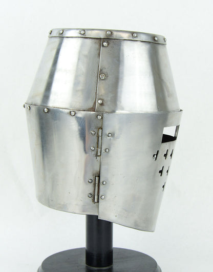 side view of 12th Century Great Helm with Hinged Faceplate  stand not included