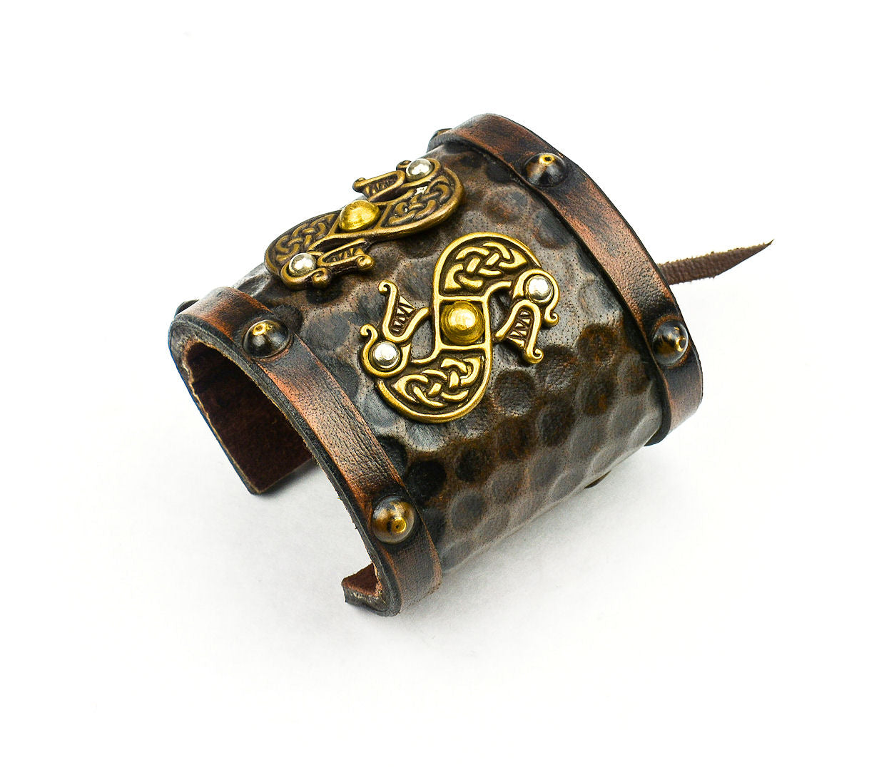 close up of the Viking Leather Cuff with Norse Serpents