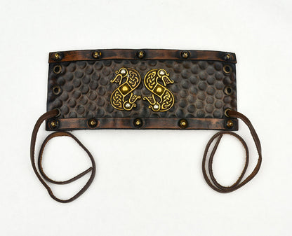 Viking Leather Cuff with Norse Serpents laid flat