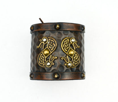 Viking Leather Cuff with Norse Serpents