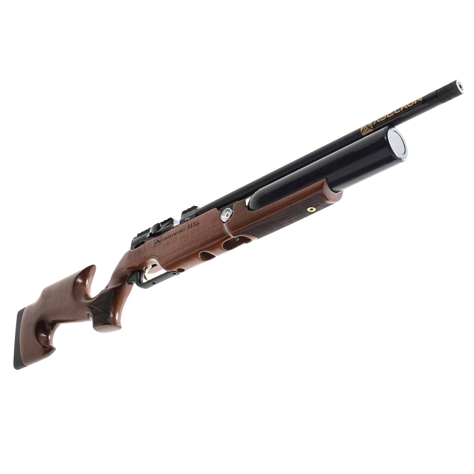 Right angle view of a brown Aselkon MX6 .22 Caliber Air rifle