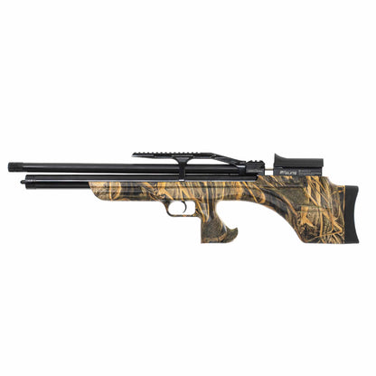Left side view of a MX7 Max 5 .22 Caliber PCP Air Rifle in camouflage 